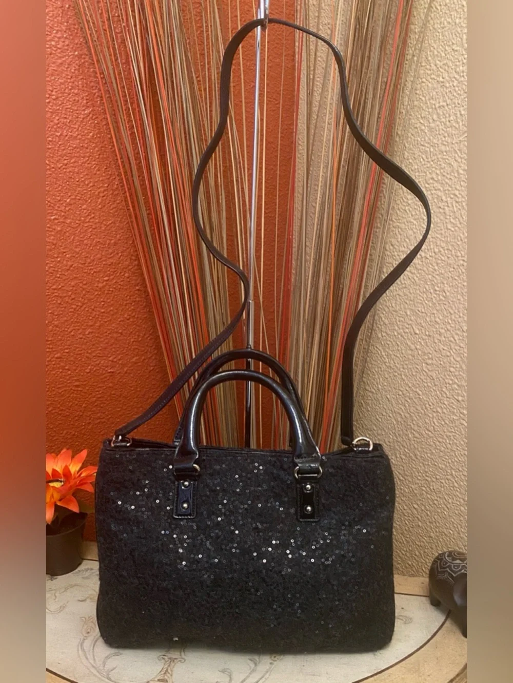 Kate Spade ♠️ - EUC - Brette Black Felt Flurry Sequin Patent-Trim Satchel Bag